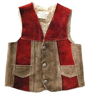 Vintage IDM Kids Leather Vest 2 Tone Red Tan Brown Fleece Lined 6 Western Cowboy